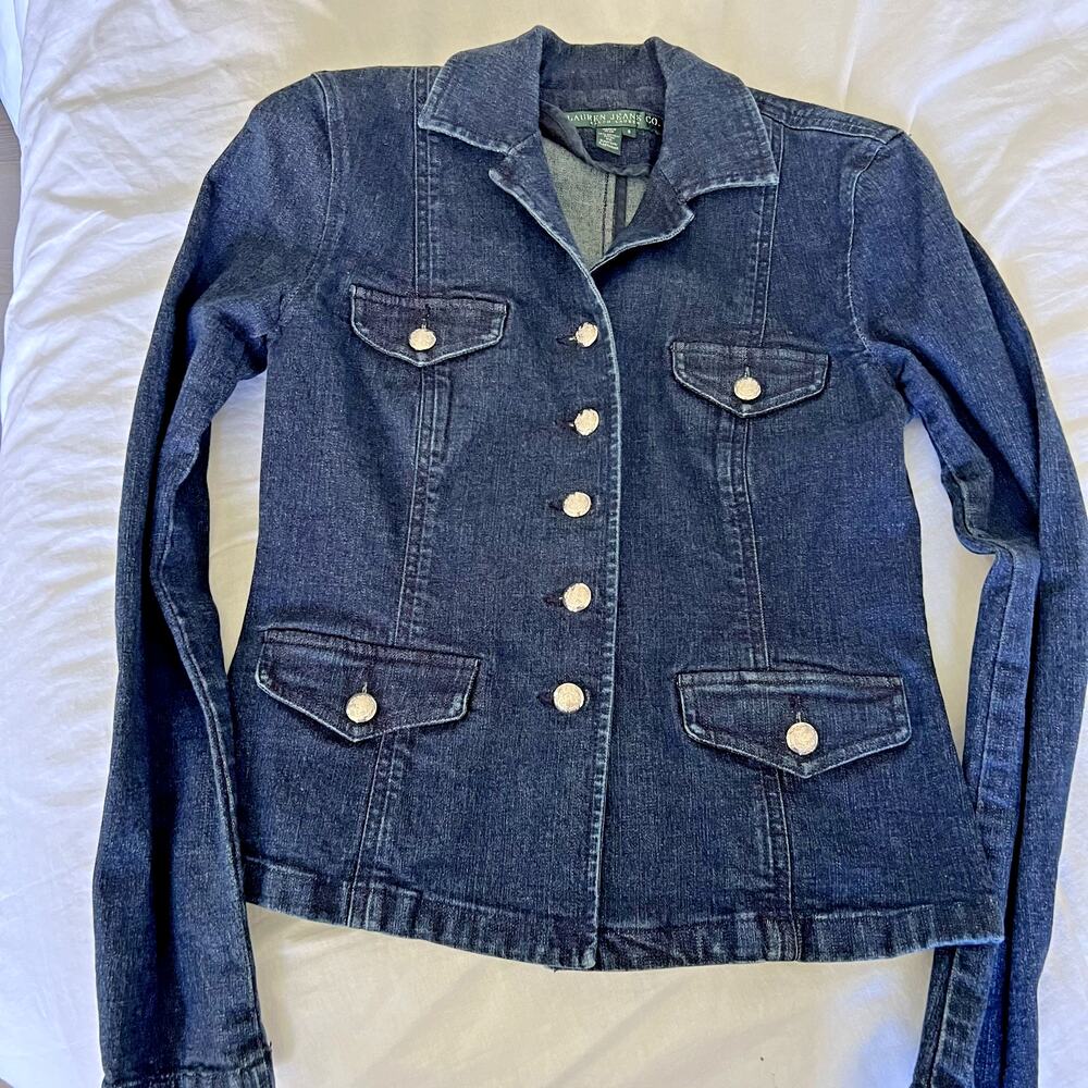 Lauren Jeans Co Denim Jacket Womens Small Dark Wash Crest Buttons Y2K Stretchy